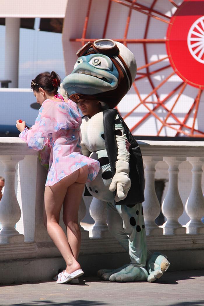 Naked Flirt - Mascot Flirting with Sexy Girl with No Panties